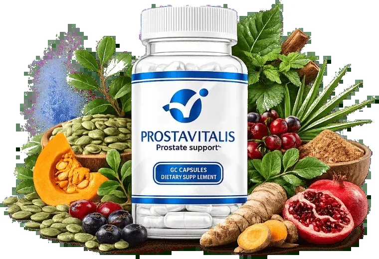 ProstaVitalis prostate support capsule bottle surrounded by saw palmetto berries, pumpkin seeds, stinging nettle and pomegranate
