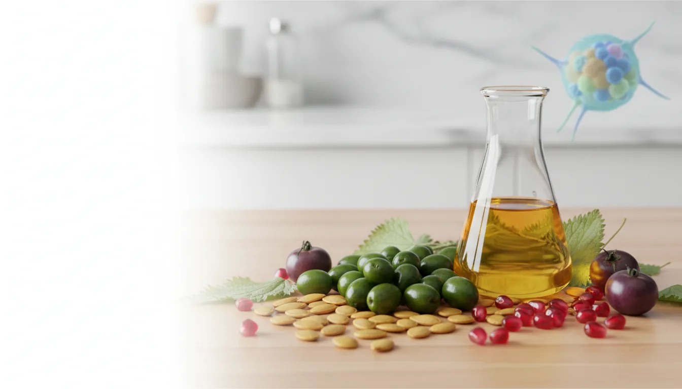 Saw palmetto berries, pumpkin seeds, stinging nettle and tomato beside a flask of oil, the botanicals used in ProstaVitalis