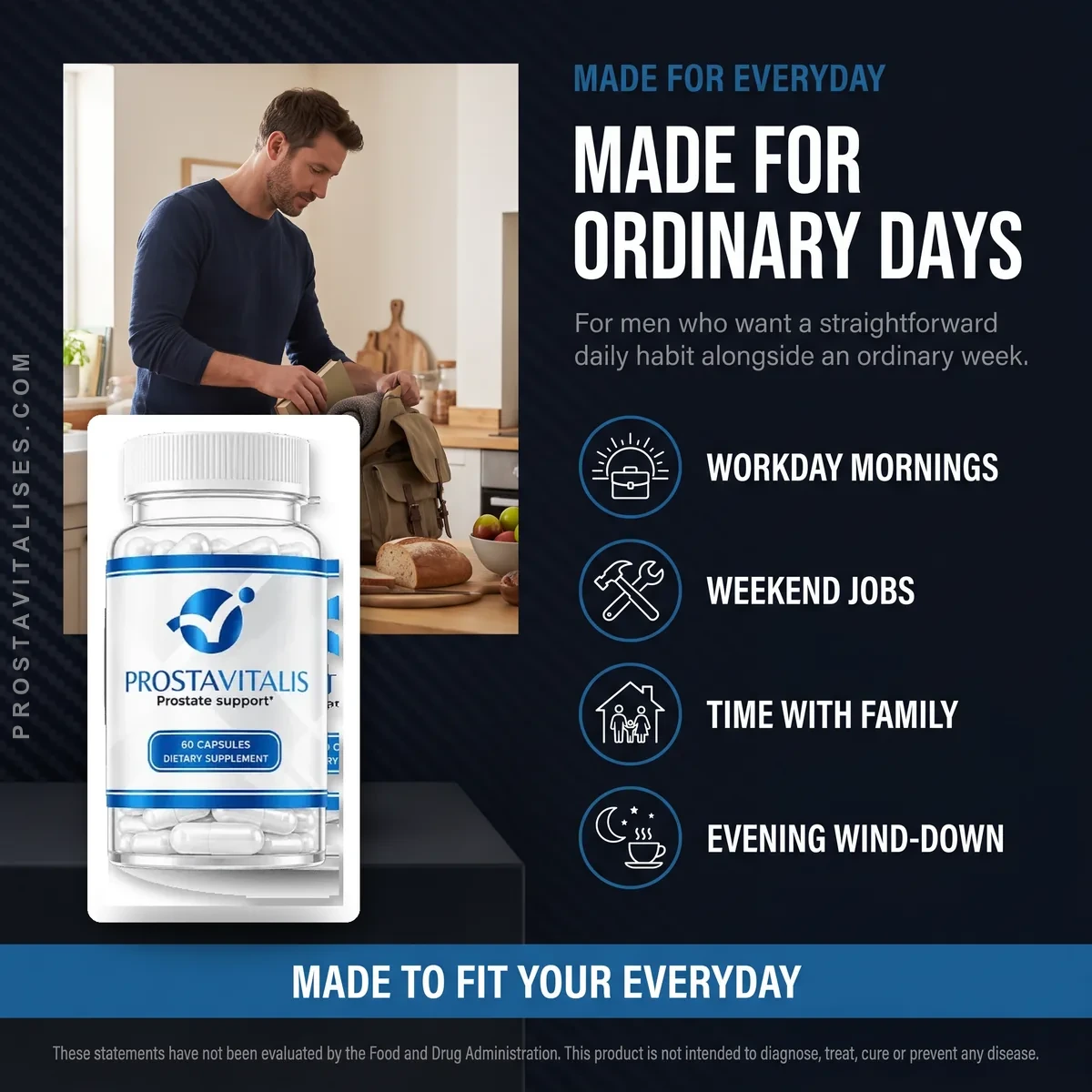 Who ProstaVitalis is for: men who want a simple daily prostate habit across workday mornings, weekend jobs, family time and the evening wind-down